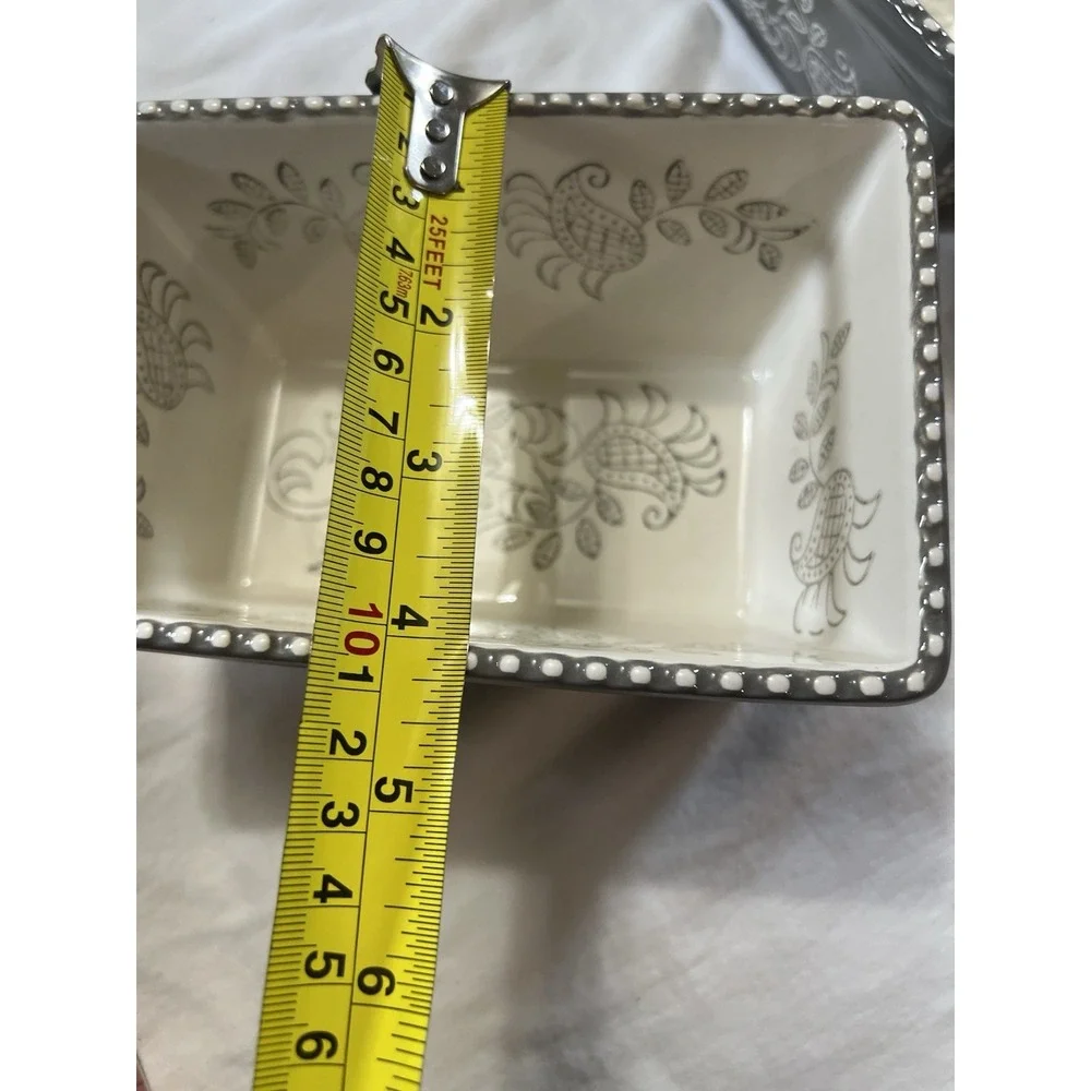 Baum Gray Floral Stoneware Mini Loaf Pans Set of 2 Oven Safe Beaded Rim Modern